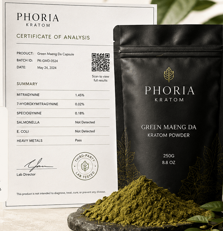 Phoria Certificate of Analysis and kratom powder product